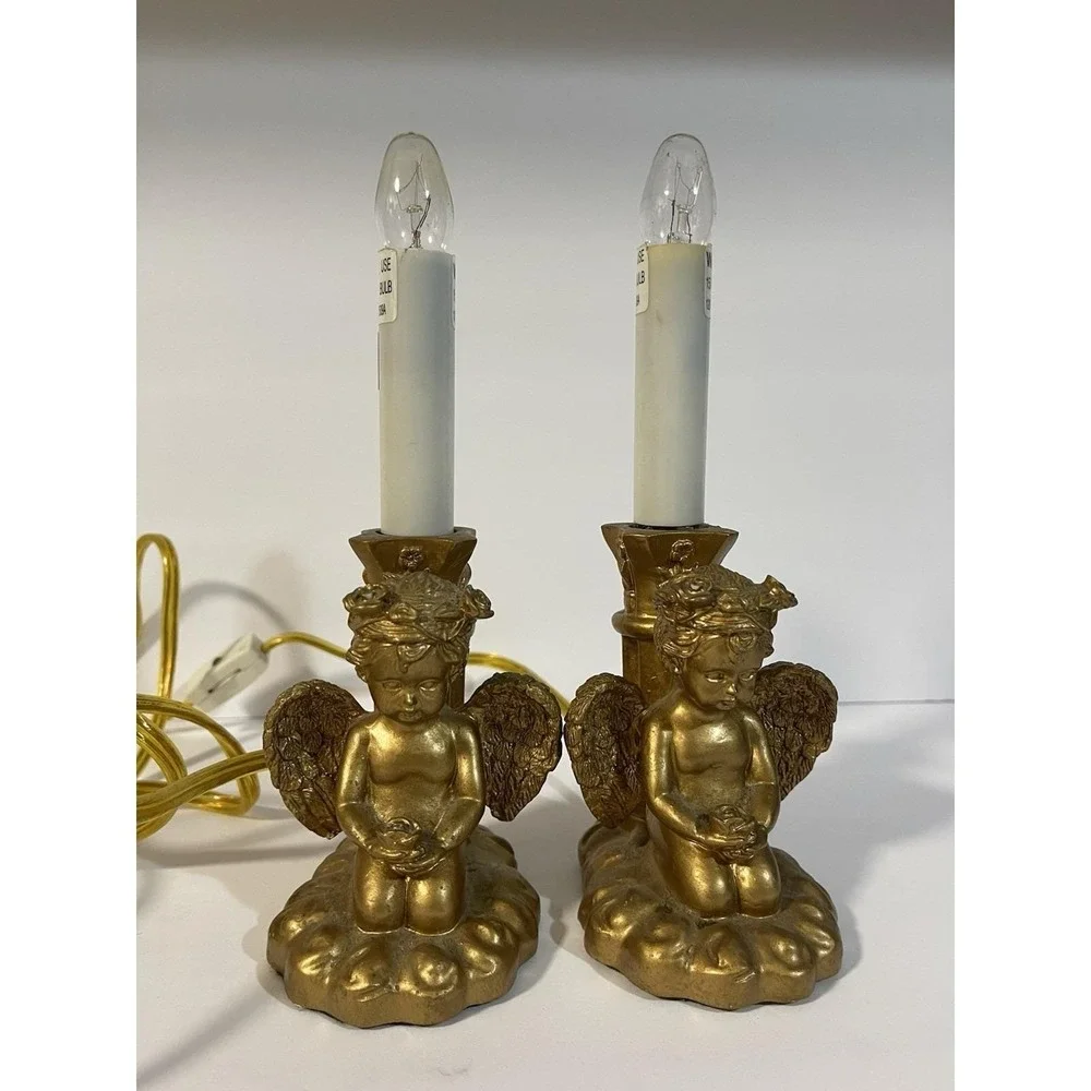 2 Vintage Angel Cherub Electric Candle Lamps Gold Tone‎ Working